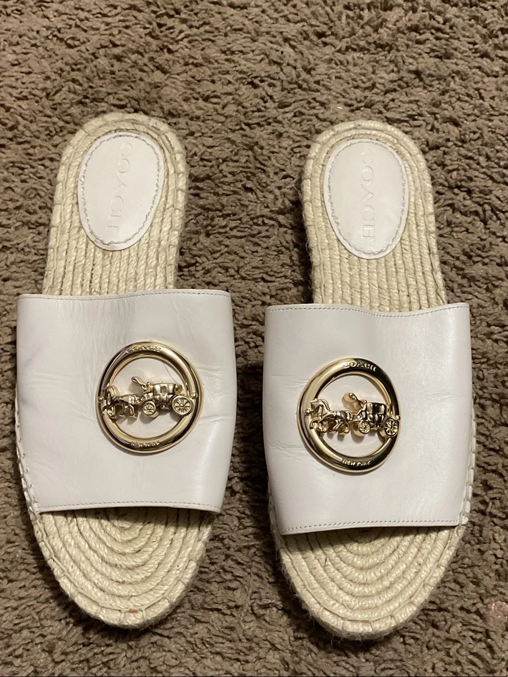 Coach White Leather Slide Sandals with Gold Coach Horse & Carriage Emblem